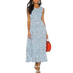 BANJANAN Isha‎ Bulbul Smocked Tiered Ruffle Midi Dress L Delph Bird Boho Resort